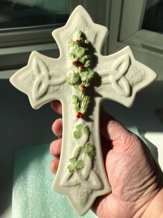 Vintage Belleek Cross Holly and Shamrock Christmas 8” Wall Cross 6
