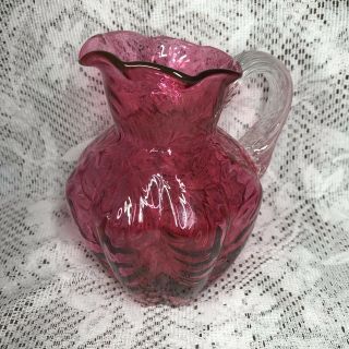 Vtg Fenton 6” Cranberry Glass Ruffled Vase Pitcher Clear Grooved Handle Feather