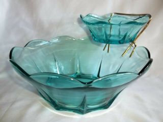 3 - Pc Mcm Retro Turquoise - Aqua - Blue Glass Party Chip & Dip Bowl Set,  Exc.