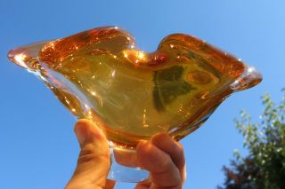 Vintage Heavy Amber Art Glass Dish Ashtray Lily Form Murano? Vgc