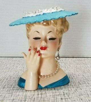 Vintage Napco Blond Hair Lady Head Vase Pearls Turquoise Dress Hat Gold Trim