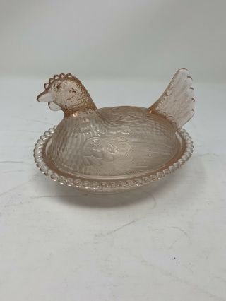 Rare Vintage Indiana Pink Glass Chicken Hen On Nest Covered Dish Rooster