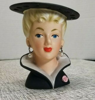 Vintage Relpo Black Dress Hat Blue Eye Blond Lady Head Vase Pink Roses Pearls