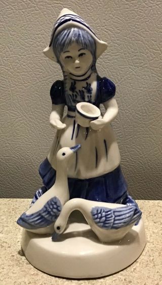 Vintage Circa 1964 Delft Blue Dutch Girl W/ Geese Made In Holland Hand Painted