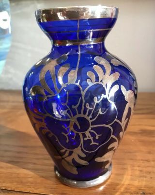 Lovely Vintage Venetian Murano Blue Glass Vase Hand Painted Silver Gilt