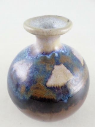 Flat Earth Studio Pottery Kansas - Round Bud Vase - Blue Brown Glaze - 5 "