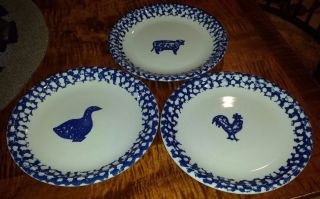 3 Folkcraft Dinner Plates Animals Tienshan Blue & White Sponge Goose Cow Rooster