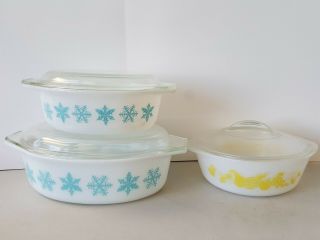 3 Vintage Pyrex White Snowflake Oval Casserole Dishes W/lid & Glasbake Dish