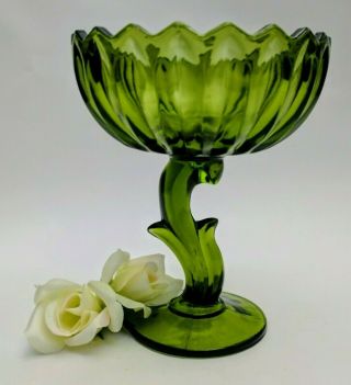 Vintage Indiana Glass Compote Bowl Lotus Blossom Plant Green Pedestal Bowl 7.  5 "
