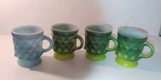 4 Vintage Fire King Coffee Cups 1 Blue 3 Green Kimberly Diamond Anchor Hocking