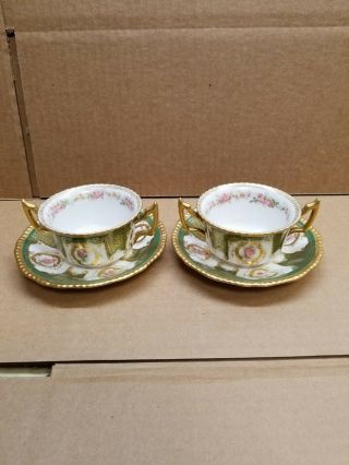 Limoges France Antique Bouillon Two Handle 2 Cups And Saucers Set