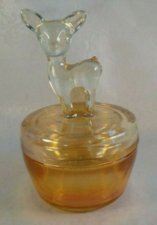 Vintage Carnival Jeannette Art Glass Peach Luster Deer Fawn Powder Trinket Box