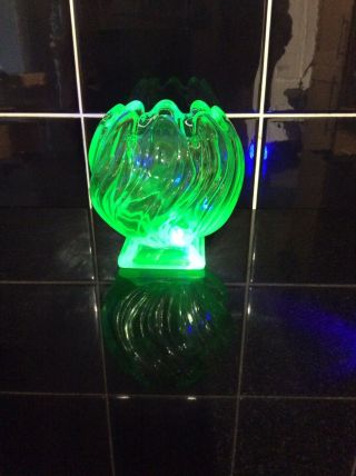 Bagley Equinox Uranium Green Glass Posy Vase Round Vintage Glows Uv