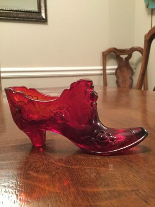 Vintage Fenton Cabbage Rose Ruby Red Glass Victorian Shoe