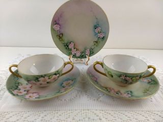 Hutschenreuther Selb Bavaria Hand Painted Pink Floral Bouillon Tea Cups,  Plates
