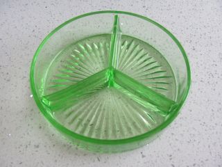 Vaseline Uranium Green Depression Glass 3 Part Divided Candy Dish