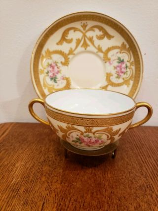 GORGEOUS LIMOGES FRANCE CUP/CREAM SOUP SAUCER ROSES HEAVY GOLD GILT GORGEOUS 2