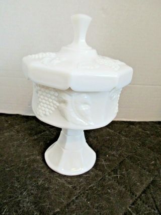 Unique And Rare Vintage Milk Glass Covered Footed Bowl With Lid Grape Pattern
