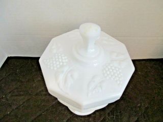 Unique and Rare Vintage Milk Glass Covered Footed Bowl with Lid Grape Pattern 2