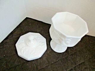 Unique and Rare Vintage Milk Glass Covered Footed Bowl with Lid Grape Pattern 3