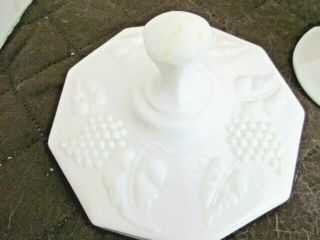 Unique and Rare Vintage Milk Glass Covered Footed Bowl with Lid Grape Pattern 4