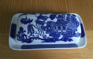 Vintage,  England,  Blue Willow,  2pc Butter Dish With Lid 2.  5in X 8in X 4.  5in