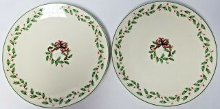 Two Lenox Holiday Dimensions Accent Luncheon Plates 9 - 1/4 " Holly Wreath