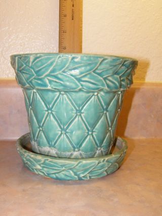Vintage Mccoy Usa Green Quilted Flower Pot Pottery W/ Attached Saucer Water Tray