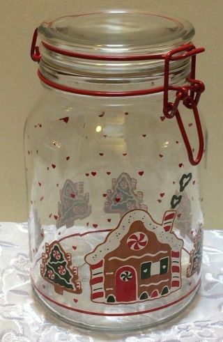 Vintage Anchor Hocking Christmas Tree Canister Bail - Top Jar Red 7 3/4 " Cookie