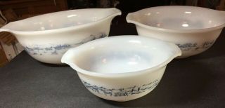 Vintage Currier And Ives Mixing Bowl Set By Glasbake