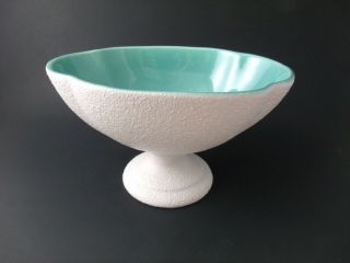Royal Haeger Pedestal Bowl White Turquoise Blue Pottery Vtg Midcentury