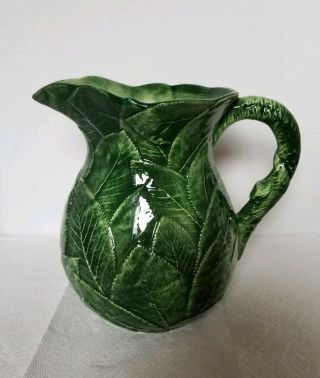 Vintage Hand Painted Green Leaves Pottery Pitcher Made In Italy 7969