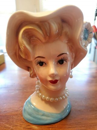 Vintage 1960’s Lefton Japan 5¾” Blonde Lady Head Vase 6525 Foil Sticker