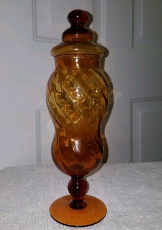Vtg Mid Century Empoli Italian Amber Apothecary Jar With Lid 12 Inch