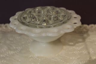 Milk Glass Open Lace Pedestal Footed Rose Bowl / Candy Dish With Frog