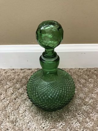 Vintage Green Glass Decanter,  Perfume Bottle Diamond Cut,  Glass Stopper,  Italy