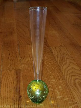 Green Hand Blown Vintage Glass - Bud Vase W/ Paperweight Bottom Bubble Glass