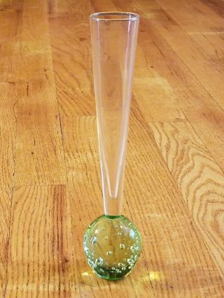 Green Hand Blown Vintage Glass - Bud Vase W/ Paperweight Bottom Bubble Glass 2