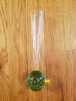 Green Hand Blown Vintage Glass - Bud Vase W/ Paperweight Bottom Bubble Glass 3