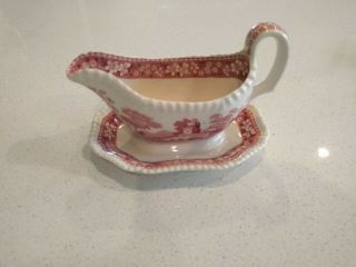 Vintage Copeland Spode Tower Pink Gravy Boat W/ Attached Underplate