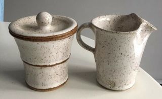 Signed Mystery Maker Studio Pottery Creamer And Covered Sugar Brown Speckles