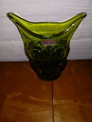 Vintage Rainbow Art Glass Owl Vase Green
