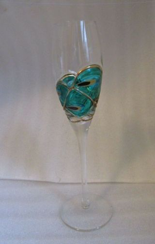 Elegant Champagne Flute Hand Crafted Art Glass W Blown Out Peacock Feather Ooak