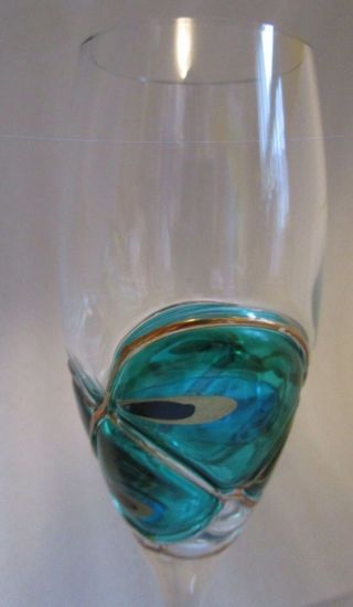 ELEGANT Champagne Flute HAND CRAFTED Art Glass w BLOWN OUT PEACOCK FEATHER OOAK 2