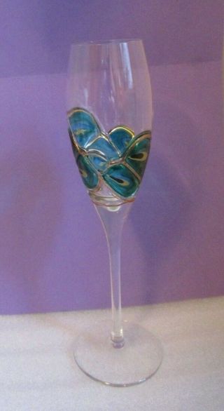 ELEGANT Champagne Flute HAND CRAFTED Art Glass w BLOWN OUT PEACOCK FEATHER OOAK 3