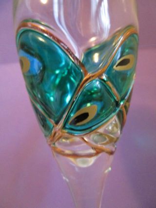 ELEGANT Champagne Flute HAND CRAFTED Art Glass w BLOWN OUT PEACOCK FEATHER OOAK 5