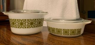 2 Vintage Pyrex Verde Square Flower Cinderella Round Casserole Dishes W/lids