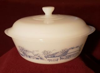 Royal China Currier and & Ives Covered Casserole Glasbake White Milk Glass Blue 2