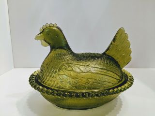 Vtg Indiana Glass Hen On Nest Olive Green Chicken Candy Dish Bowl With Lid