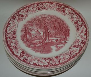 (6) Six Homer Laughlin Currier & Ives Red Transfer 10 " Plate " Home Sweet Home "